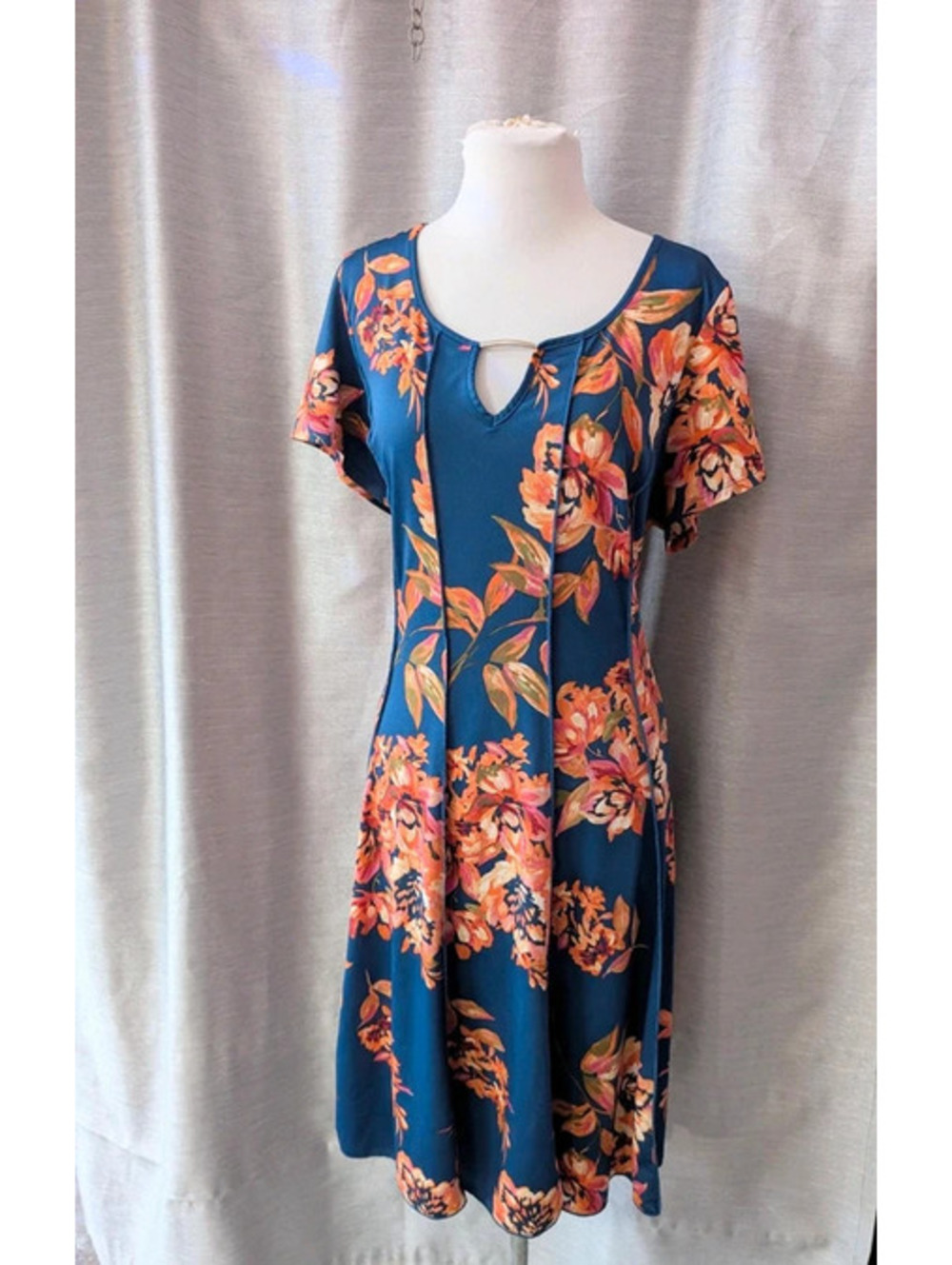 Blue Orange Floral Stretch Dress 2X XXL